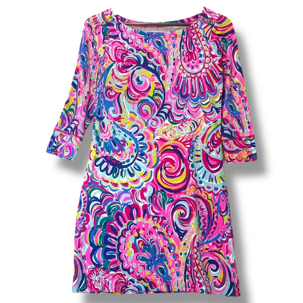 Lilly Pulitzer Multicolor Swirl Knit Dress 3/4 Sleeve Tropical Resort M - Picture 2 of 8